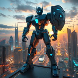 A dynamic scene of a colossal robot protecting a vibrant, futuristic city, standing sentry on a high-tech rooftop as the sun sets in the background