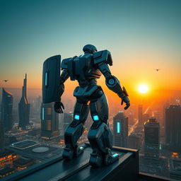A dynamic scene of a colossal robot protecting a vibrant, futuristic city, standing sentry on a high-tech rooftop as the sun sets in the background
