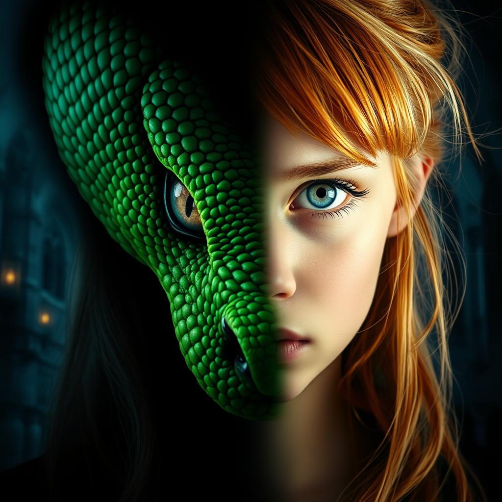 A mesmerizing image depicting the half face of a vivid green serpent artfully blended with the half face of a young, pretty girl who has strawberry-blonde hair and captivating blue eyes, exhibiting a serious expression