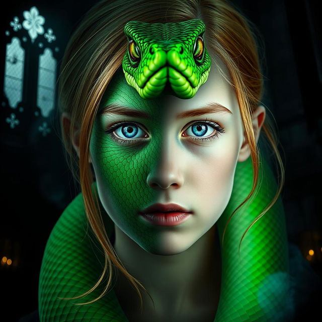 A mesmerizing image depicting the half face of a vivid green serpent artfully blended with the half face of a young, pretty girl who has strawberry-blonde hair and captivating blue eyes, exhibiting a serious expression