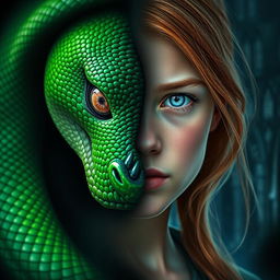 A mesmerizing image depicting the half face of a vivid green serpent artfully blended with the half face of a young, pretty girl who has strawberry-blonde hair and captivating blue eyes, exhibiting a serious expression