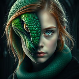 A mesmerizing image depicting the half face of a vivid green serpent artfully blended with the half face of a young, pretty girl who has strawberry-blonde hair and captivating blue eyes, exhibiting a serious expression