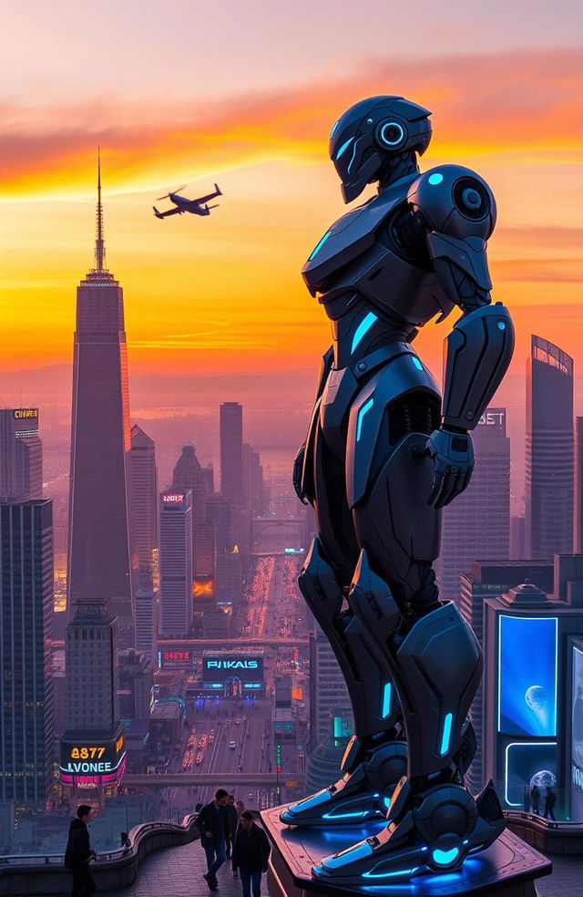 A futuristic robot standing guard over a vibrant, bustling city at sunset