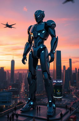 A futuristic robot standing guard over a vibrant, bustling city at sunset