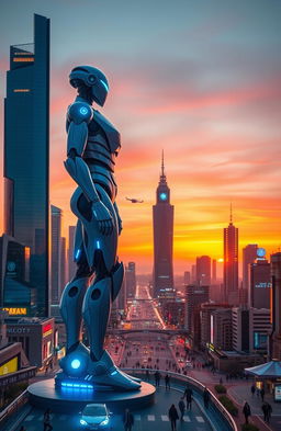 A futuristic robot standing guard over a vibrant, bustling city at sunset