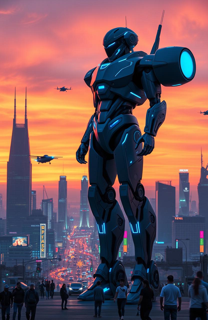 A futuristic robot standing guard over a vibrant, bustling city at sunset