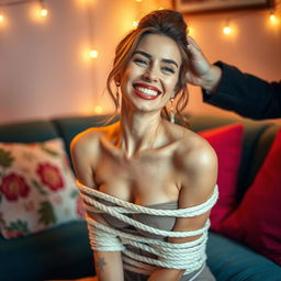 A captivating scene featuring an adult woman in playful bondage, smiling while being tickled