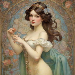 Illustrate Disney princesses such as Snow White, Cinderella, Aurora, Ariel, Belle, and Jasmine in the intricate, decorative style of Art Nouveau artist Alfonse Mucha