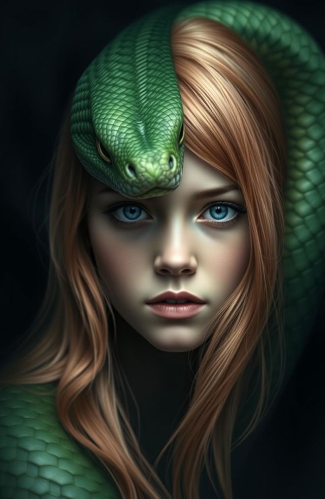 A stunning blend of a half face of a green serpent and a half face of a young pretty girl featuring strawberry-blonde hair and captivating blue eyes