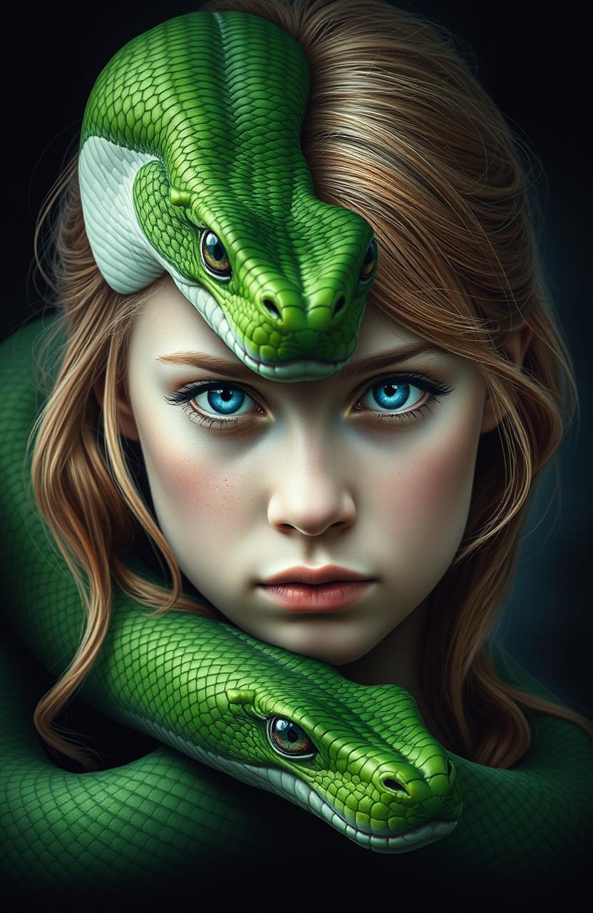 A stunning blend of a half face of a green serpent and a half face of a young pretty girl featuring strawberry-blonde hair and captivating blue eyes