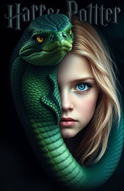 A stunning blend of a half face of a green serpent and a half face of a young pretty girl featuring strawberry-blonde hair and captivating blue eyes