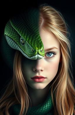 A stunning blend of a half face of a green serpent and a half face of a young pretty girl featuring strawberry-blonde hair and captivating blue eyes