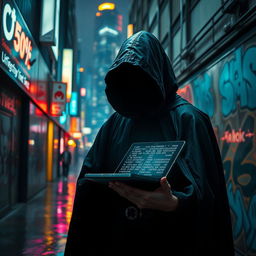 A mysterious figure in a futuristic, cyberpunk setting, wearing a sleek black hooded cloak that obscures their features