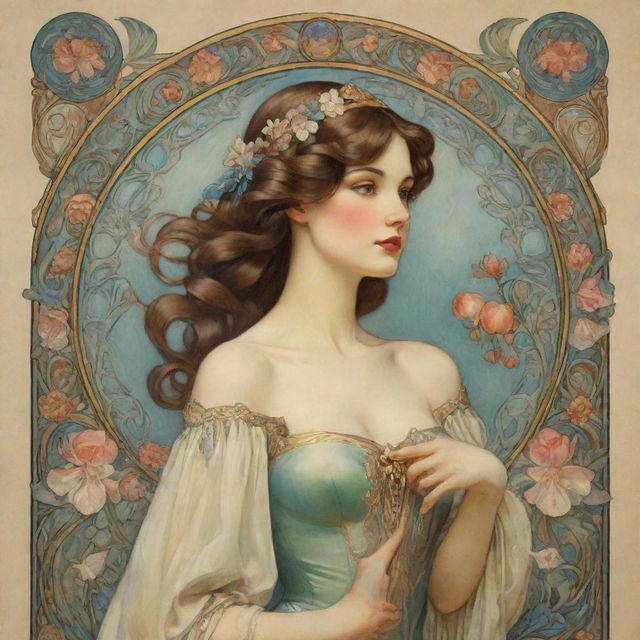 Illustrate Disney princesses such as Snow White, Cinderella, Aurora, Ariel, Belle, and Jasmine in the intricate, decorative style of Art Nouveau artist Alfonse Mucha