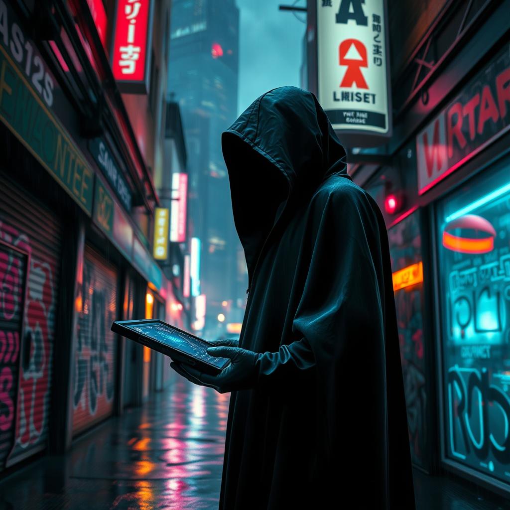 A mysterious figure in a futuristic, cyberpunk setting, wearing a sleek black hooded cloak that obscures their features