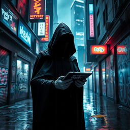 A mysterious figure in a futuristic, cyberpunk setting, wearing a sleek black hooded cloak that obscures their features