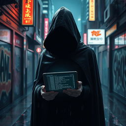 A mysterious figure in a futuristic, cyberpunk setting, wearing a sleek black hooded cloak that obscures their features