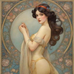 Illustrate Disney princesses such as Snow White, Cinderella, Aurora, Ariel, Belle, and Jasmine in the intricate, decorative style of Art Nouveau artist Alfonse Mucha