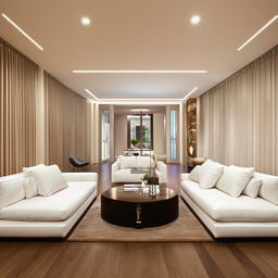 A luxurious modern living room interior with plush white couches, rich hardwood floors, ambient lighting, and minimalist decor.