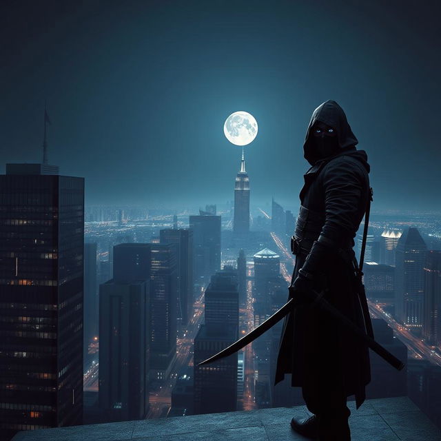 A mysterious and stealthy assassin clad in all black tactical gear, standing on a rooftop overlooking a moonlit cityscape