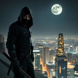 A mysterious and stealthy assassin clad in all black tactical gear, standing on a rooftop overlooking a moonlit cityscape