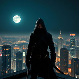 A mysterious and stealthy assassin clad in all black tactical gear, standing on a rooftop overlooking a moonlit cityscape