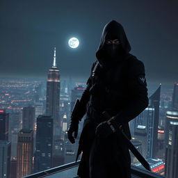 A mysterious and stealthy assassin clad in all black tactical gear, standing on a rooftop overlooking a moonlit cityscape