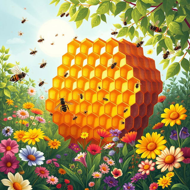 A captivating illustration representing the metaphor of a honeycomb as an integration of knowledge