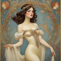 Illustrate Disney princesses such as Snow White, Cinderella, Aurora, Ariel, Belle, and Jasmine in the intricate, decorative style of Art Nouveau artist Alfonse Mucha