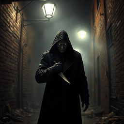 A menacing figure lurking in the shadows of a dark, foggy alleyway, with piercing eyes that glint in the moonlight
