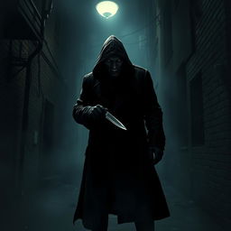 A menacing figure lurking in the shadows of a dark, foggy alleyway, with piercing eyes that glint in the moonlight