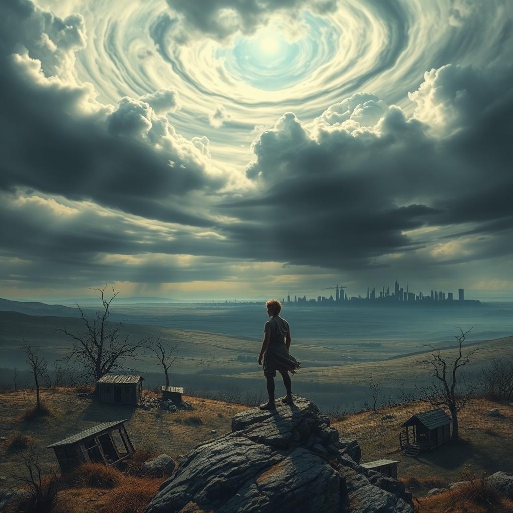 A surreal landscape depicting the concept of exile, showcasing a vast, desolate terrain with abandoned structures and barren trees under a dramatic sky filled with swirling clouds