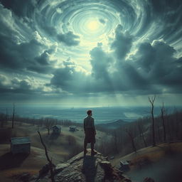 A surreal landscape depicting the concept of exile, showcasing a vast, desolate terrain with abandoned structures and barren trees under a dramatic sky filled with swirling clouds
