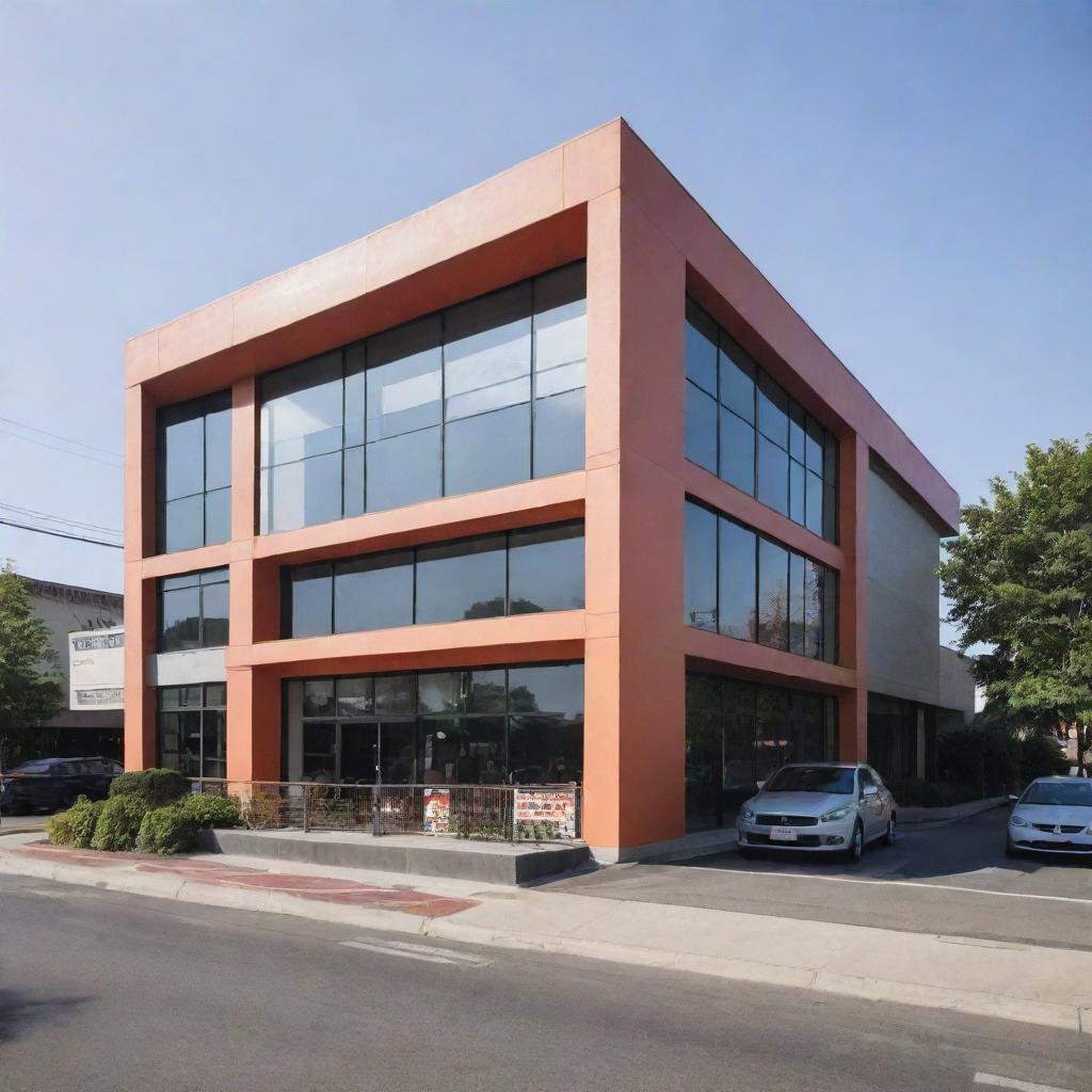 A driving school building with a sushi restaurant incorporated into its design.