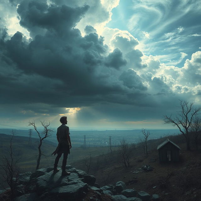 A surreal landscape depicting the concept of exile, showcasing a vast, desolate terrain with abandoned structures and barren trees under a dramatic sky filled with swirling clouds