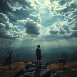 A surreal landscape depicting the concept of exile, showcasing a vast, desolate terrain with abandoned structures and barren trees under a dramatic sky filled with swirling clouds