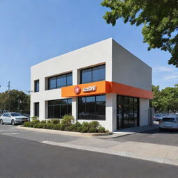 A driving school building with a sushi restaurant incorporated into its design.