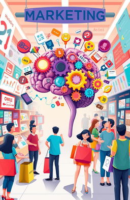 A visually captivating illustration representing psychological marketing concepts, showcasing elements like consumer behavior analysis, emotional triggers, and persuasive techniques