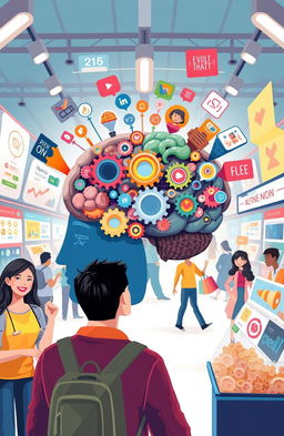 A visually captivating illustration representing psychological marketing concepts, showcasing elements like consumer behavior analysis, emotional triggers, and persuasive techniques