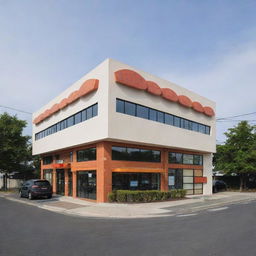 A driving school building with a sushi restaurant incorporated into its design.