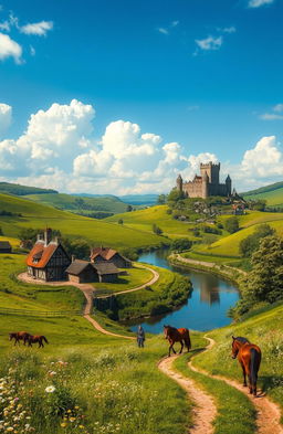 A lush medieval landscape featuring rolling hills, a small village with thatched-roof cottages, a winding river reflecting the sky, and a majestic castle perched on a distant hill