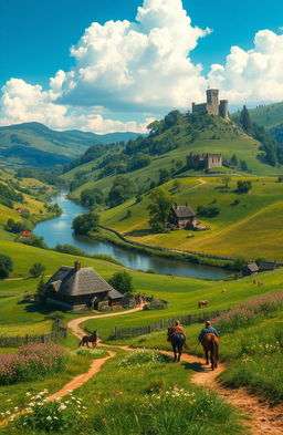A lush medieval landscape featuring rolling hills, a small village with thatched-roof cottages, a winding river reflecting the sky, and a majestic castle perched on a distant hill