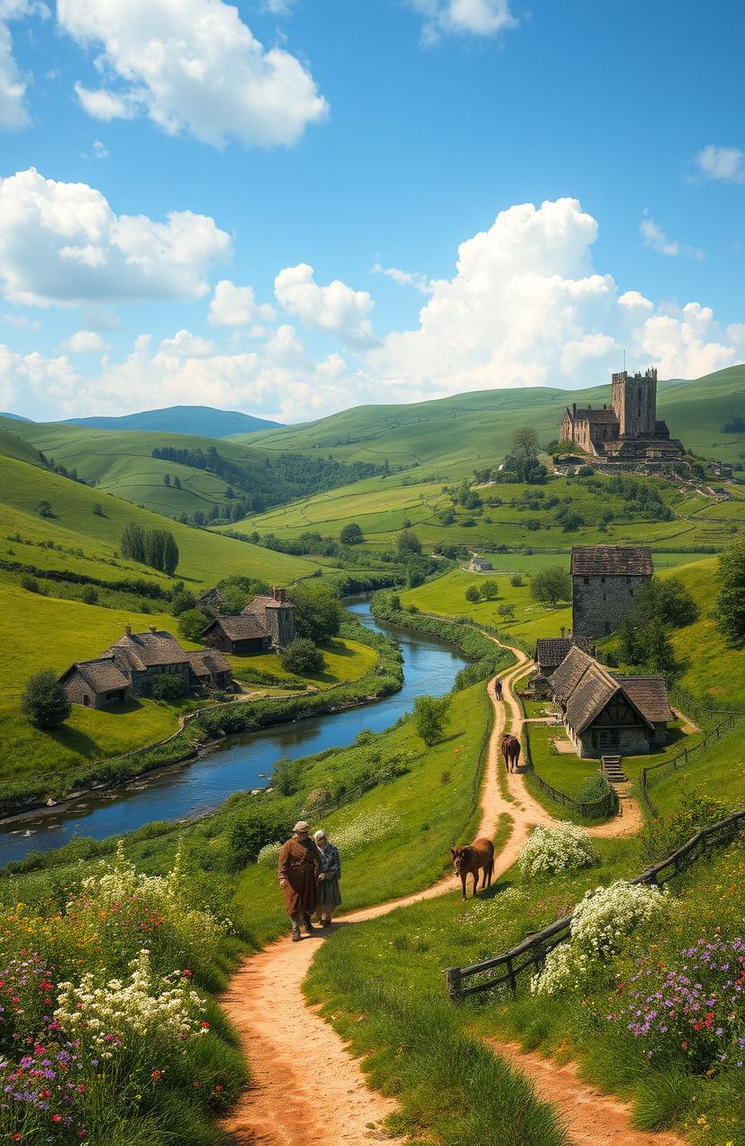 A lush medieval landscape featuring rolling hills, a small village with thatched-roof cottages, a winding river reflecting the sky, and a majestic castle perched on a distant hill