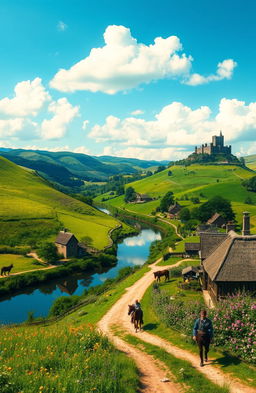 A lush medieval landscape featuring rolling hills, a small village with thatched-roof cottages, a winding river reflecting the sky, and a majestic castle perched on a distant hill