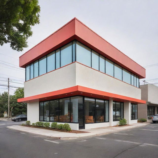 A driving school building with a sushi restaurant incorporated into its design.