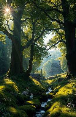 A lush medieval forest scene, filled with towering trees and vibrant greenery