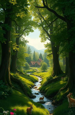 A lush medieval forest scene, filled with towering trees and vibrant greenery