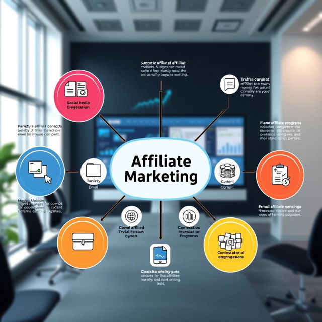 An advanced affiliate marketing concept visualization, featuring a dynamic flowchart that illustrates key components like traffic generation, variety of affiliate programs, conversion funnels, and effective strategies for optimizing earnings