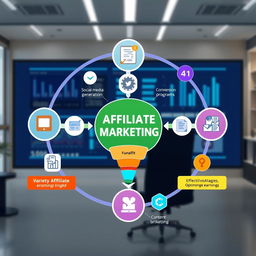 An advanced affiliate marketing concept visualization, featuring a dynamic flowchart that illustrates key components like traffic generation, variety of affiliate programs, conversion funnels, and effective strategies for optimizing earnings