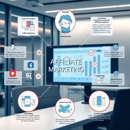 An advanced affiliate marketing concept visualization, featuring a dynamic flowchart that illustrates key components like traffic generation, variety of affiliate programs, conversion funnels, and effective strategies for optimizing earnings